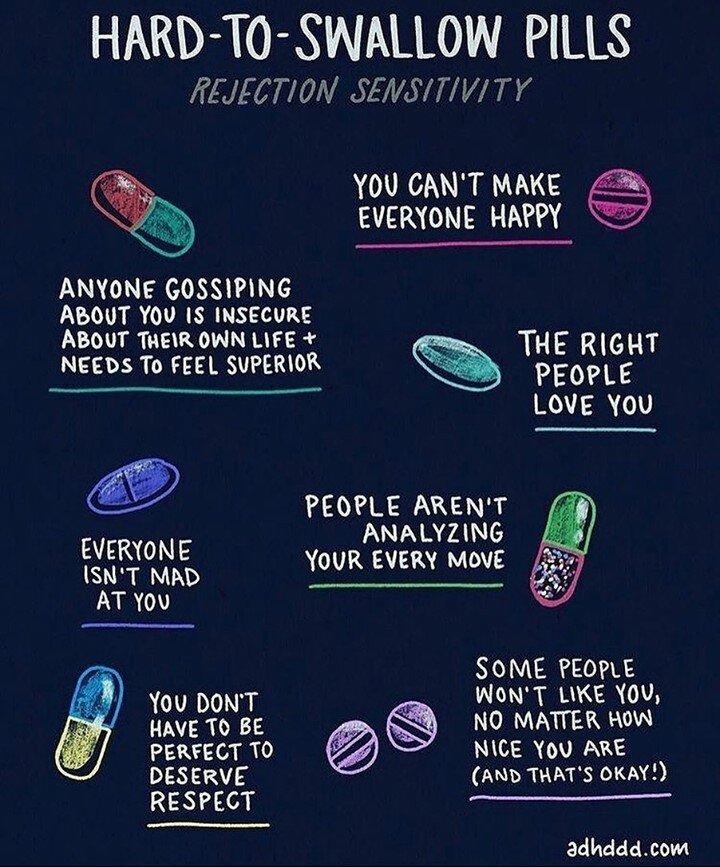 Which prescription would your therapist write you?  I'd be dosing out the "People aren't analyzing your every move" pill quite a bit 💊⁠
⁠
Rejection sensitivity is commonly experienced by folks, especially kids, with ADHD.  A lot of us face